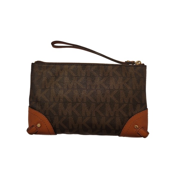 Michael‎ Kors Signature Monogram Brown Leather Trim Wristlet Clutch Wallet - Picture 2 of 7